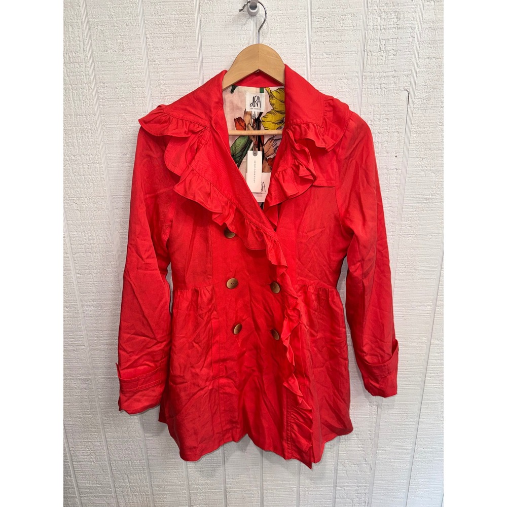 dRA Los Angeles Trench Coat Women Red Ruffle Double Breasted NWT S